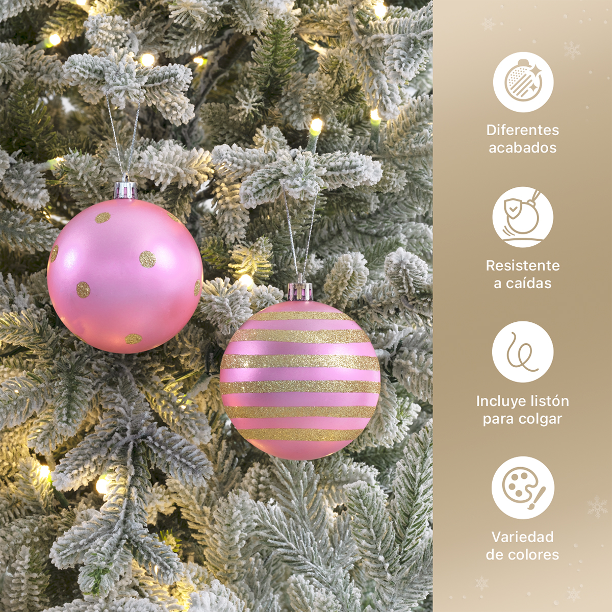 Set con 8 Esferas Decoración Navideña 8 cm Adornos para Árbol de Navidad (Rosa - Dorado) ESQUIMAL