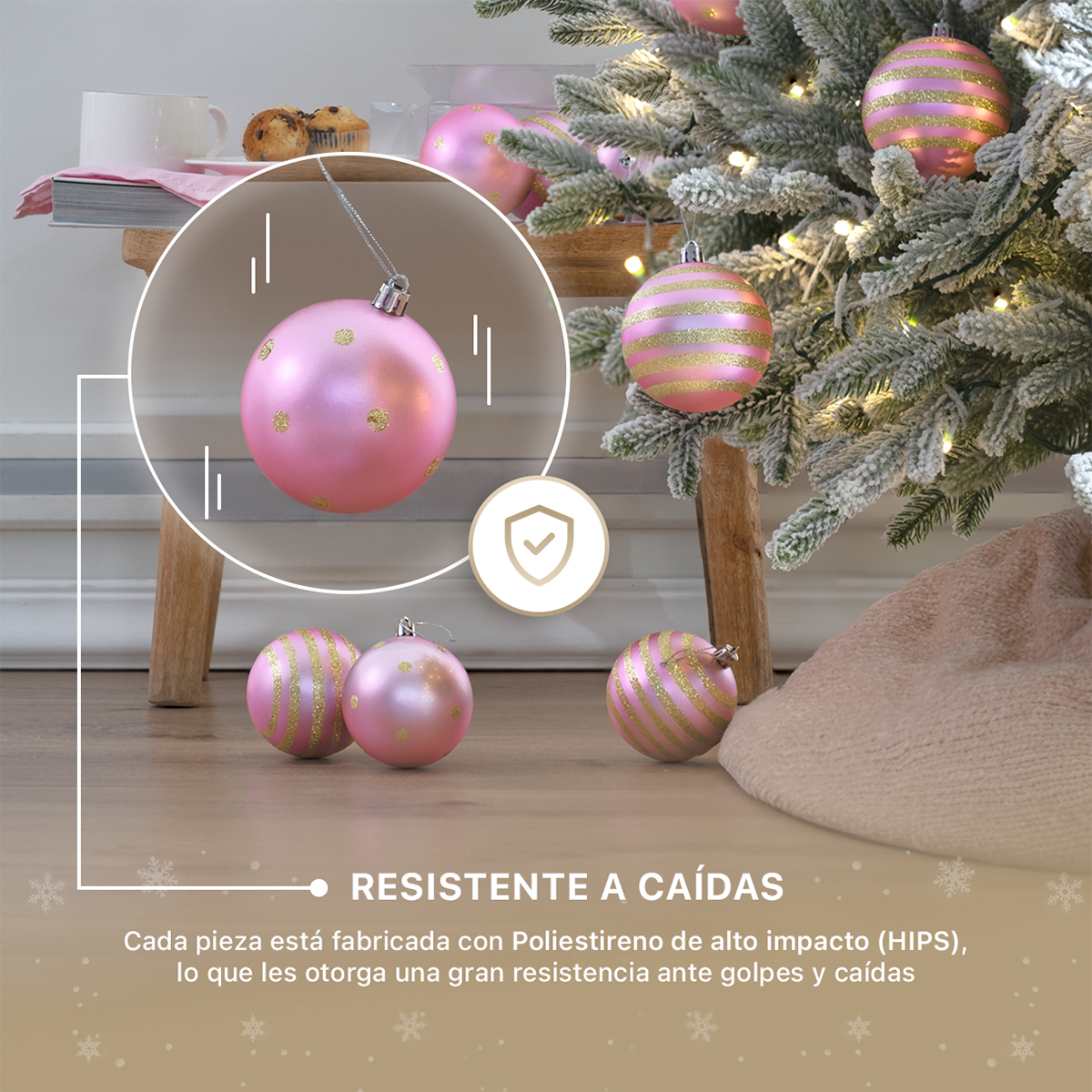 Set con 8 Esferas Decoración Navideña 8 cm Adornos para Árbol de Navidad (Rosa - Dorado) ESQUIMAL