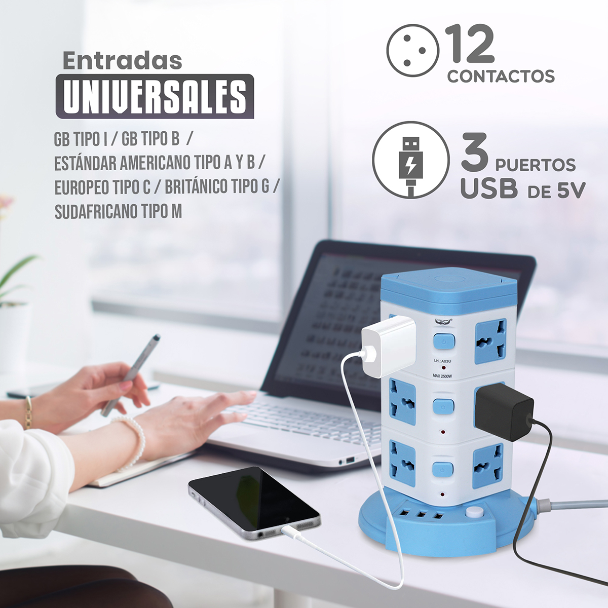 Torre Multicontacto Vertical Con 12 Contactos Y 3 Usb Socket