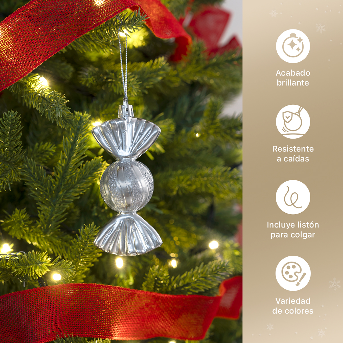 Decoración Navideña con Adornos para Árbol de Navidad (Dulce Plateado) ESQUIMAL