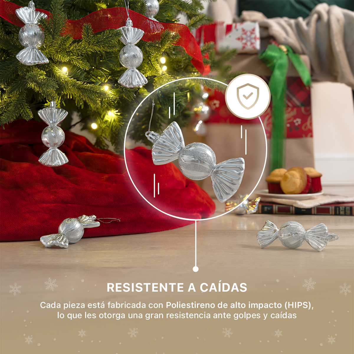Decoración Navideña con Adornos para Árbol de Navidad (Dulce Plateado) ESQUIMAL