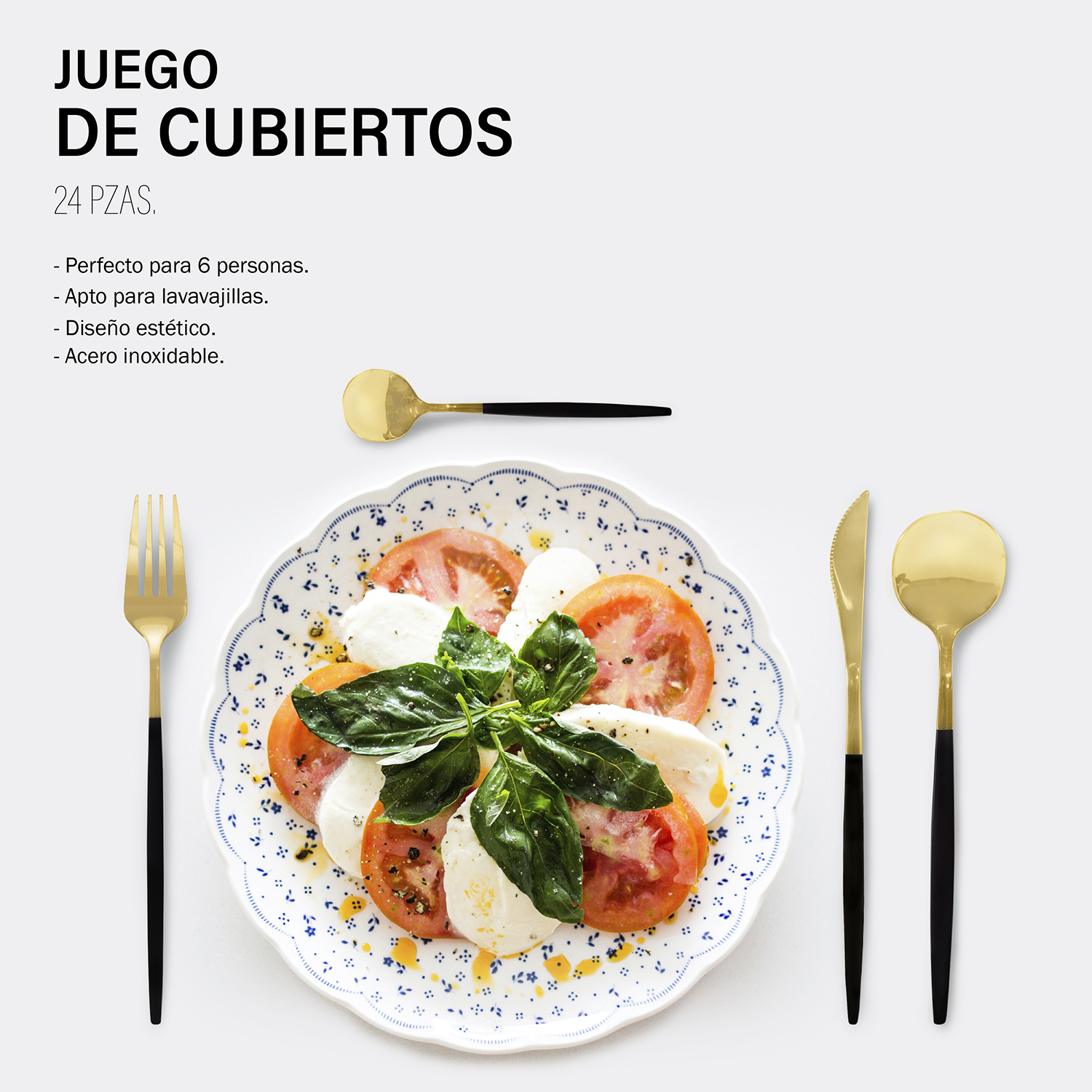 Juego de Cubiertos Dorados con Negro  24 pzas, Cuchillo, cucharas y tenedores 
