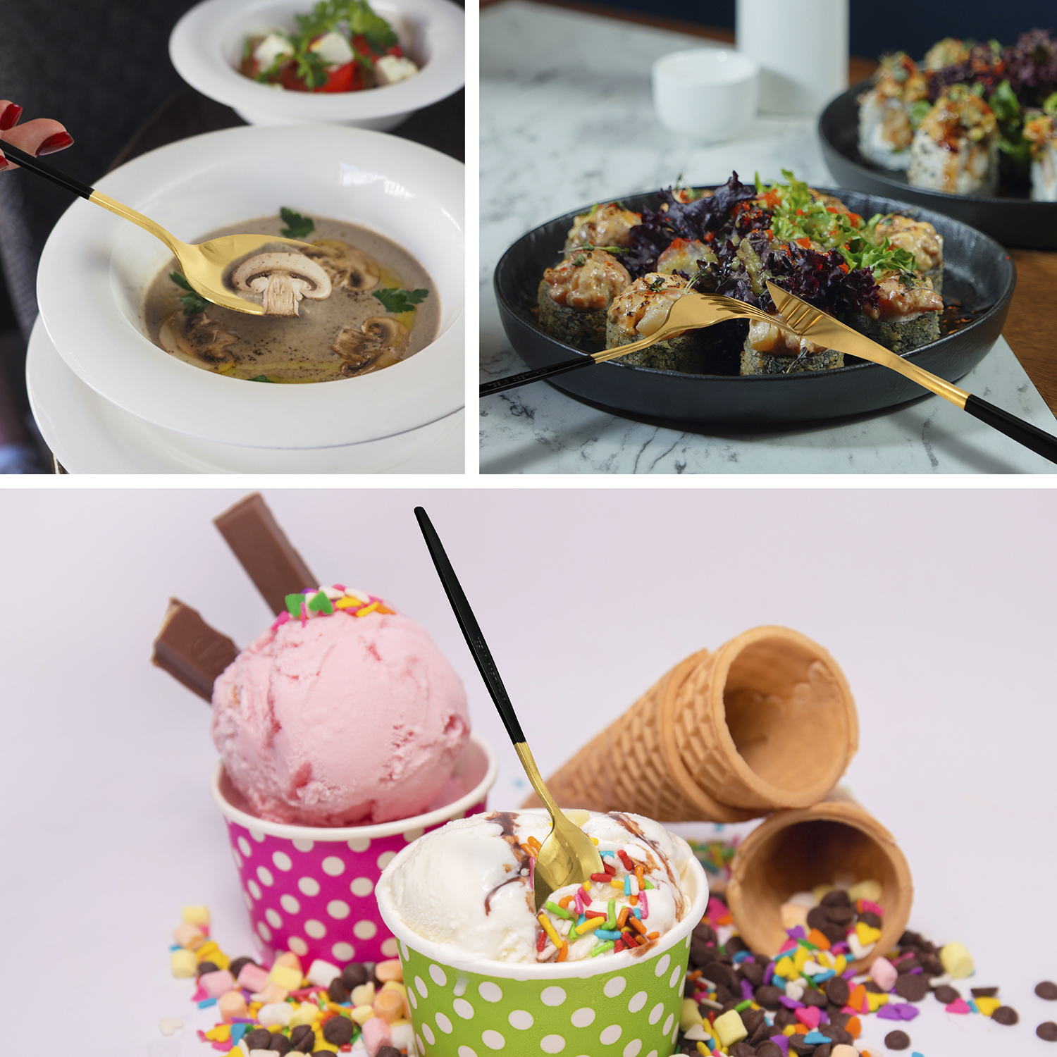 Juego de Cubiertos Dorados con Negro  24 pzas, Cuchillo, cucharas y tenedores 