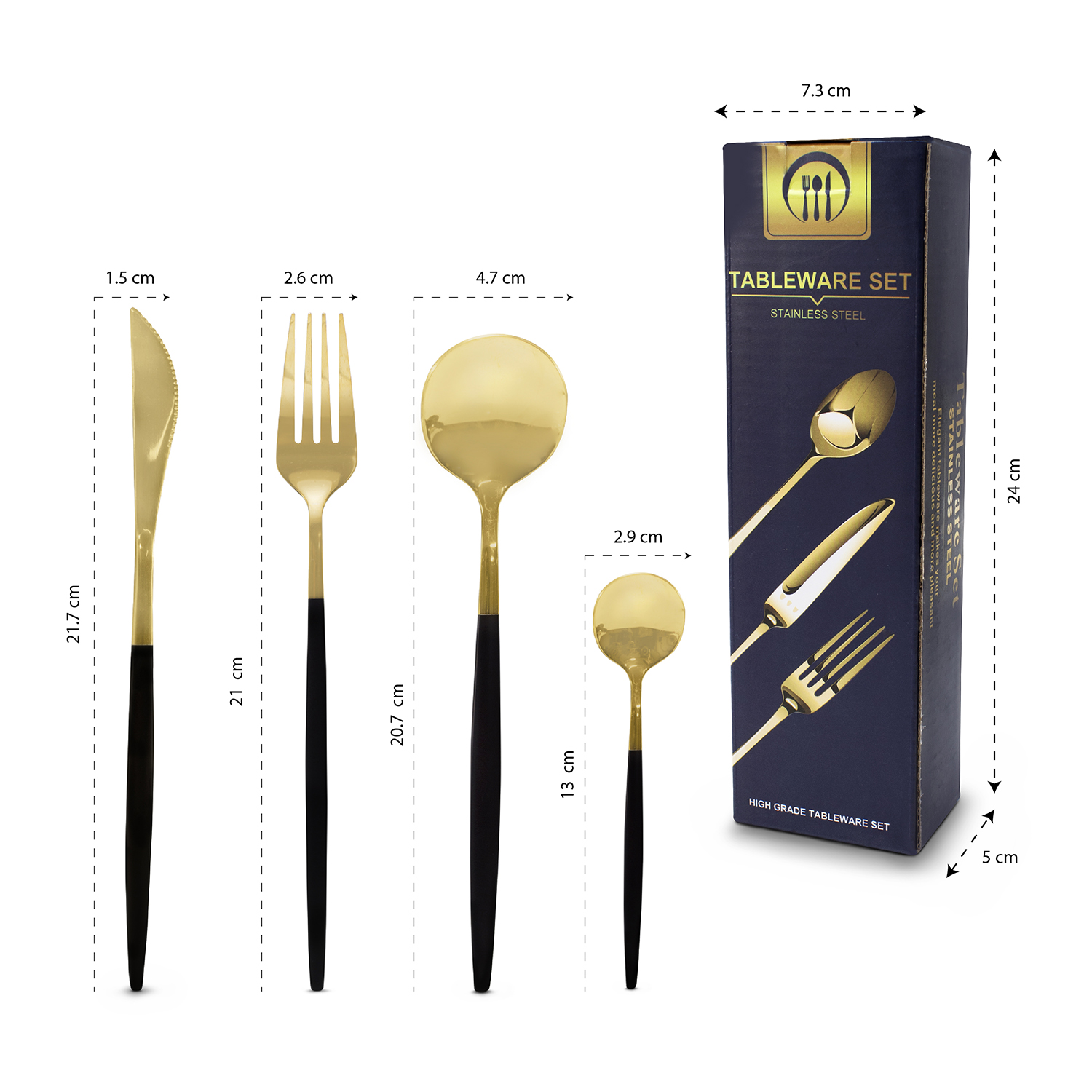 Juego de Cubiertos Dorados con Negro  24 pzas, Cuchillo, cucharas y tenedores 