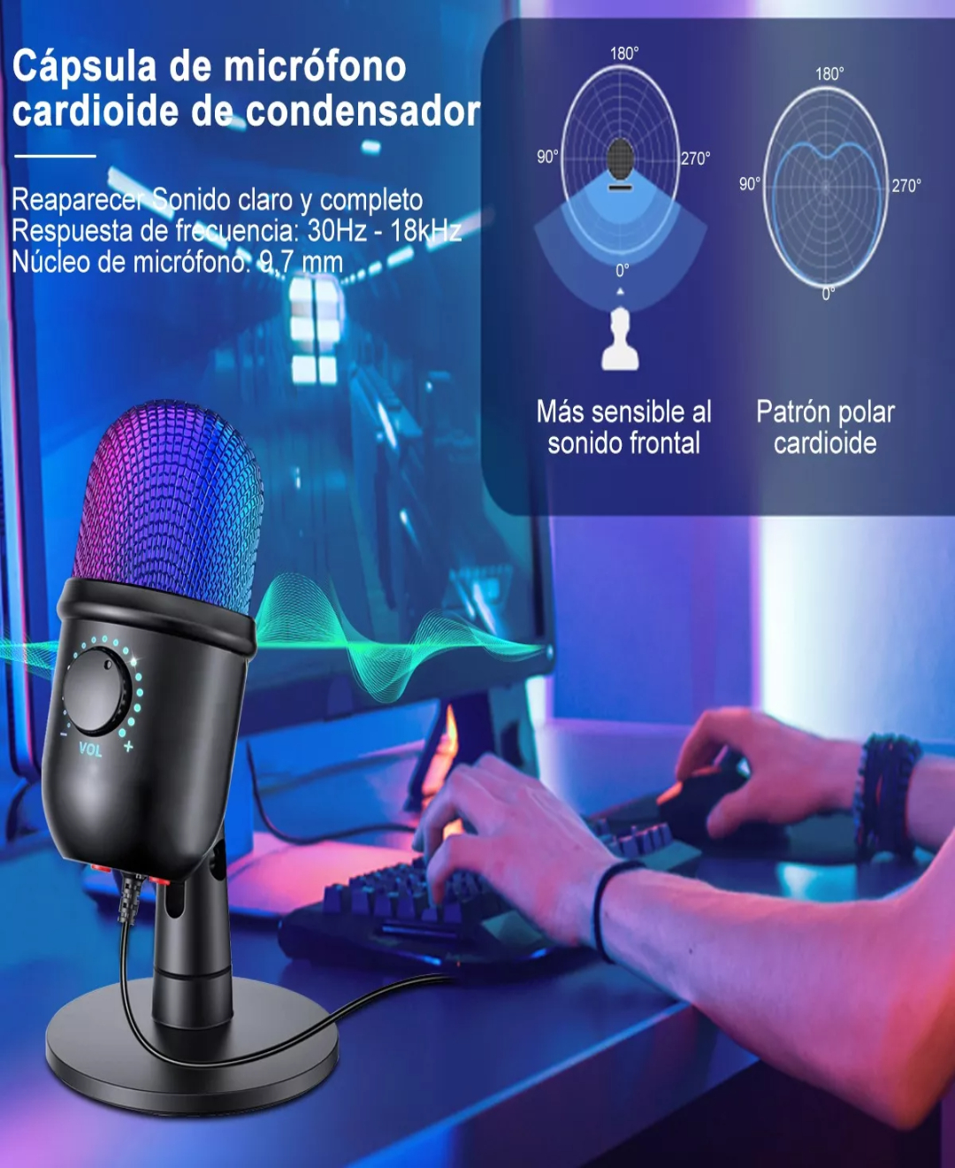 Micrófono Condensador Usb Cardioide Rgb Podcast Pc Gamer