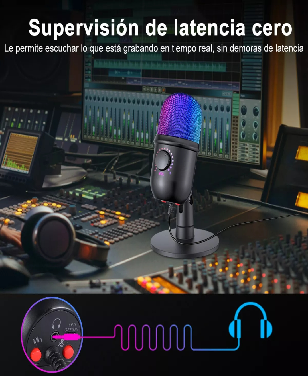 Micrófono Condensador Usb Cardioide Rgb Podcast Pc Gamer