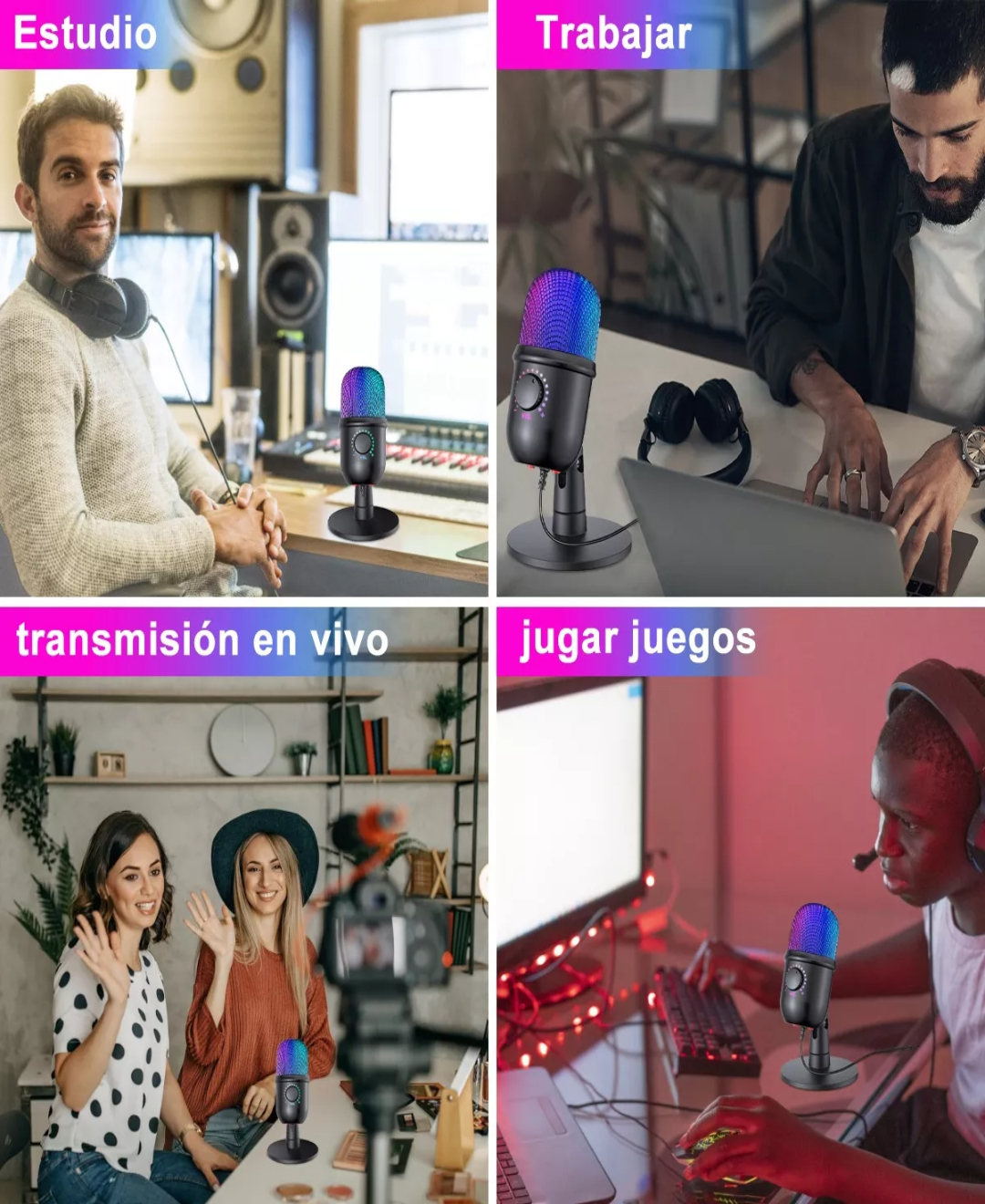 Micrófono Condensador Usb Cardioide Rgb Podcast Pc Gamer