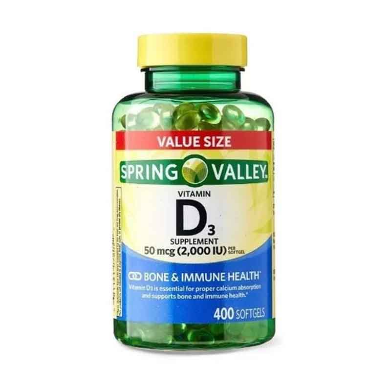 Vitamina D3 50mcg 2000iu Spring Valley 400 softgels Ayuda a Huesos y Refuerza el sistema inmunológico.