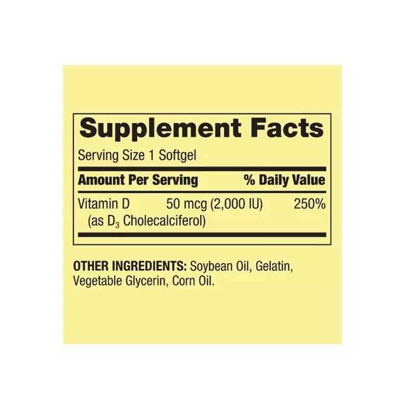 Vitamina D3 50mcg 2000iu Spring Valley 400 softgels Ayuda a Huesos y Refuerza el sistema inmunológico.
