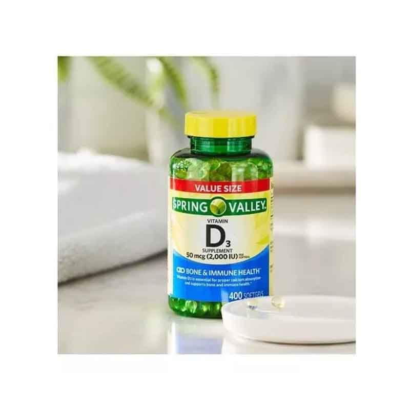Vitamina D3 50mcg 2000iu Spring Valley 400 softgels Ayuda a Huesos y Refuerza el sistema inmunológico.