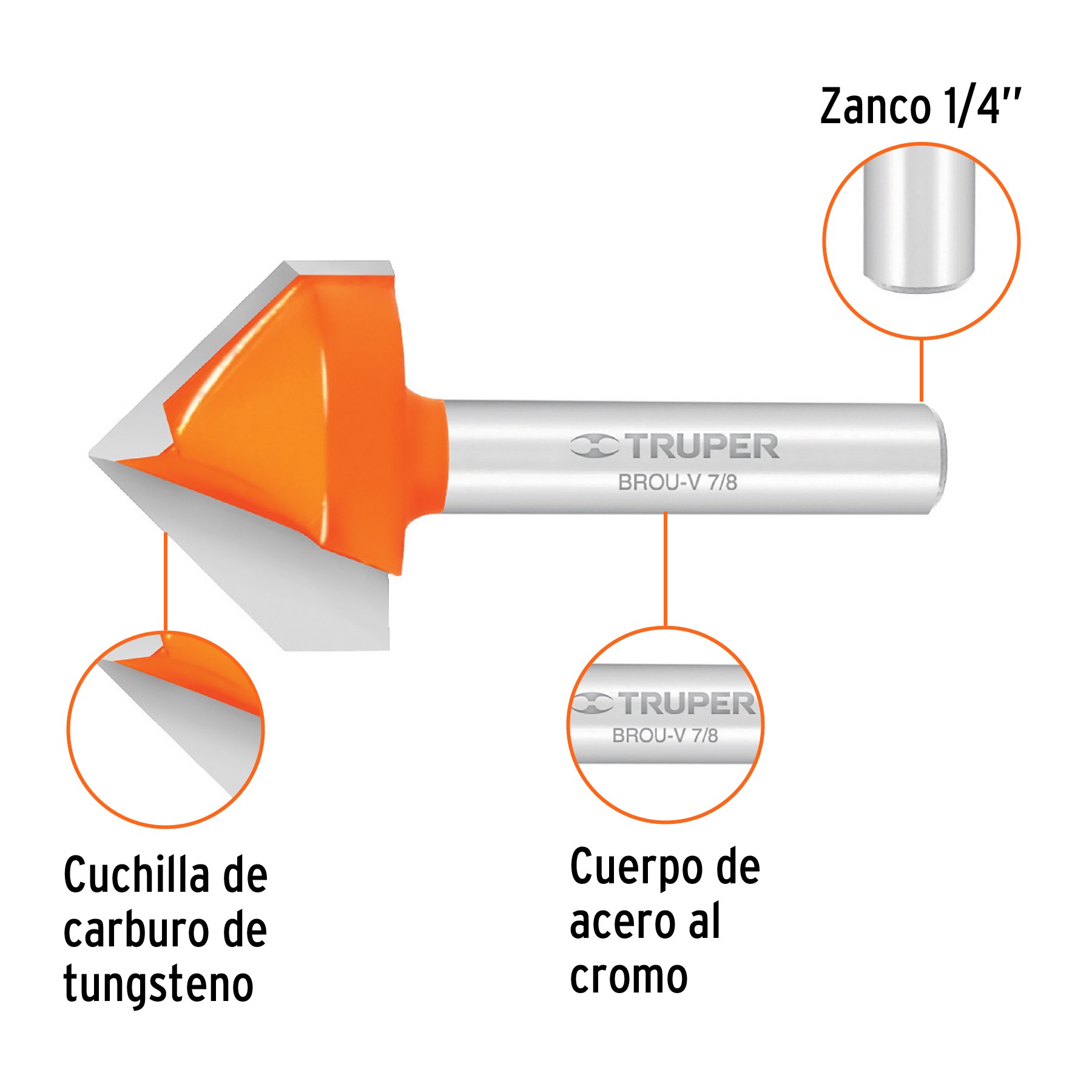 BROCA PARA ROUTER, CORTE EN "V", 7/8", TRUPER 11467
