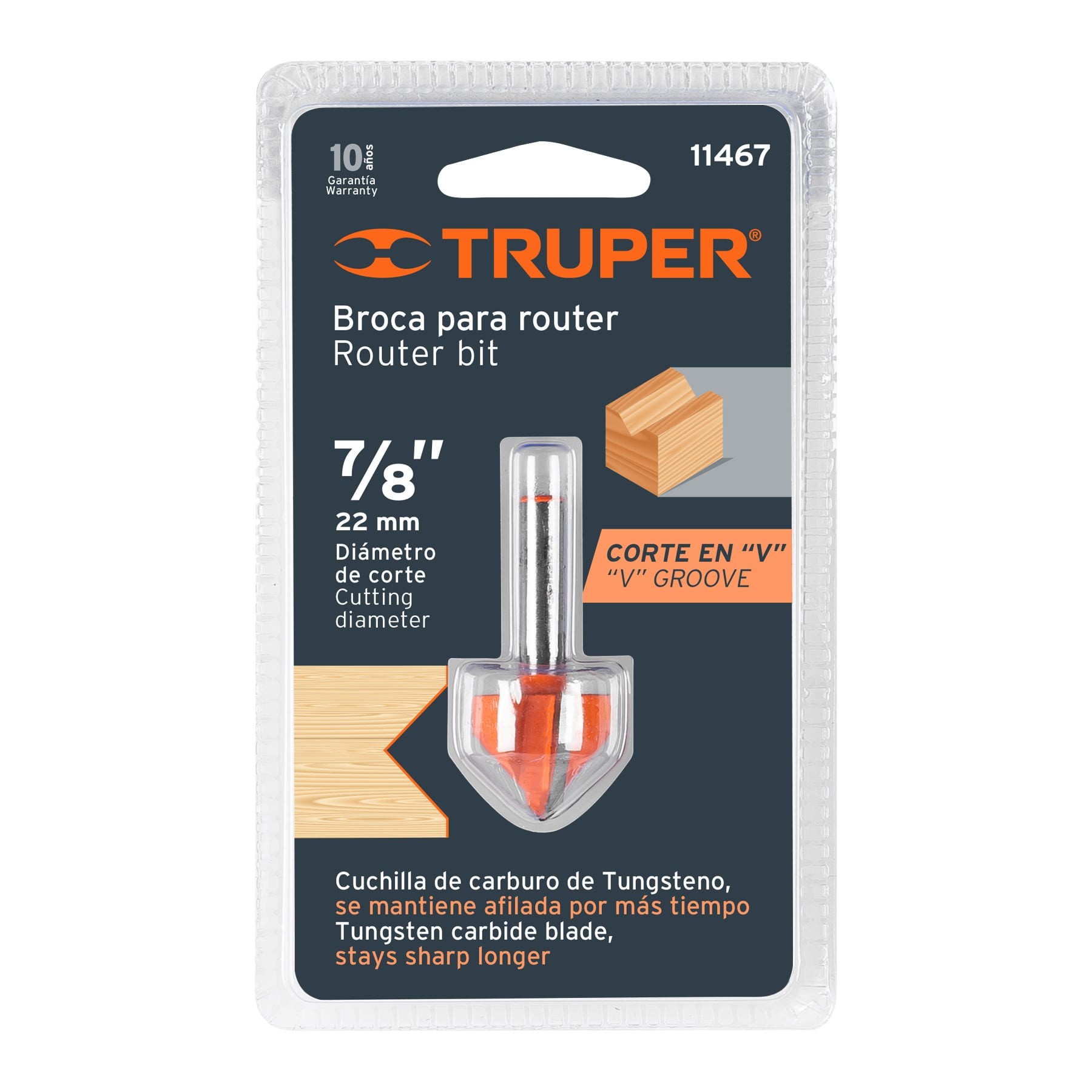 BROCA PARA ROUTER, CORTE EN "V", 7/8", TRUPER 11467