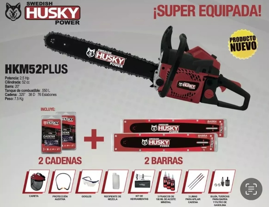Motosierra Gasolina 20puLG 52cc 2.5hp + Accesorios Husky.