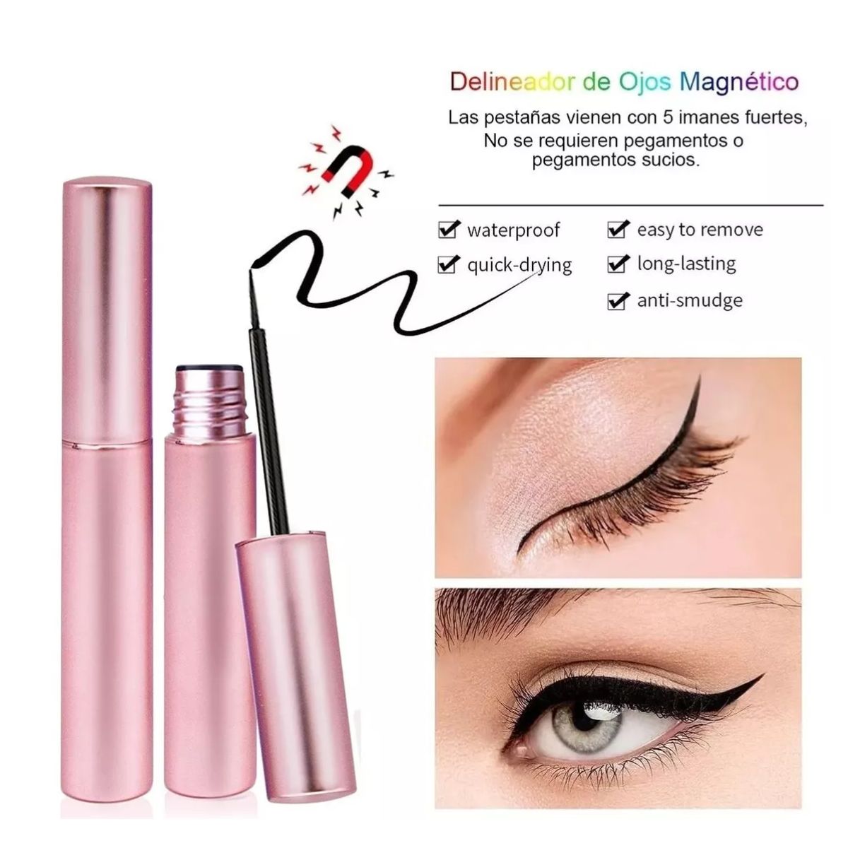 Kit de Pestañas Postizas Magnéticas y Delineador de Ojos Rosa