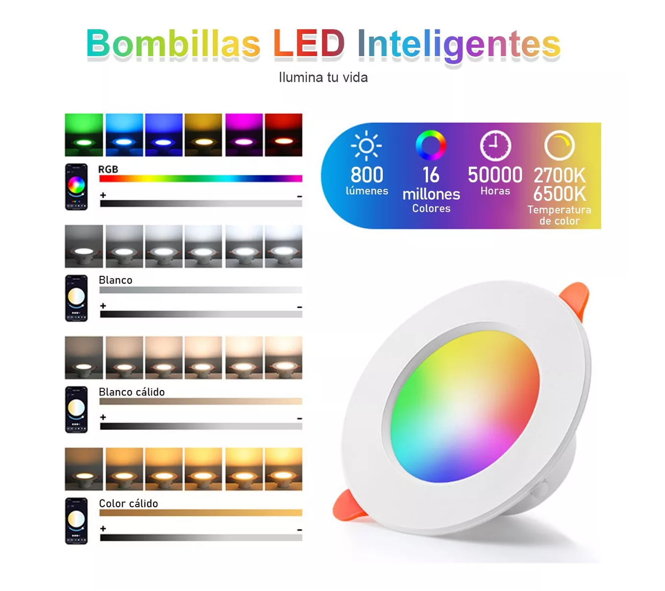 Par Lampara Luz Led De Techo Bluetooth Inteligente Rgb 10w 2pcs
