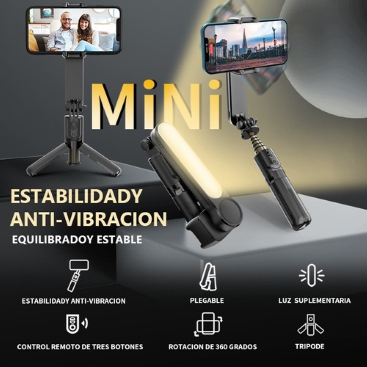 Estabilizador Gimbal Con Luz Led Remoto Para Celular Negro