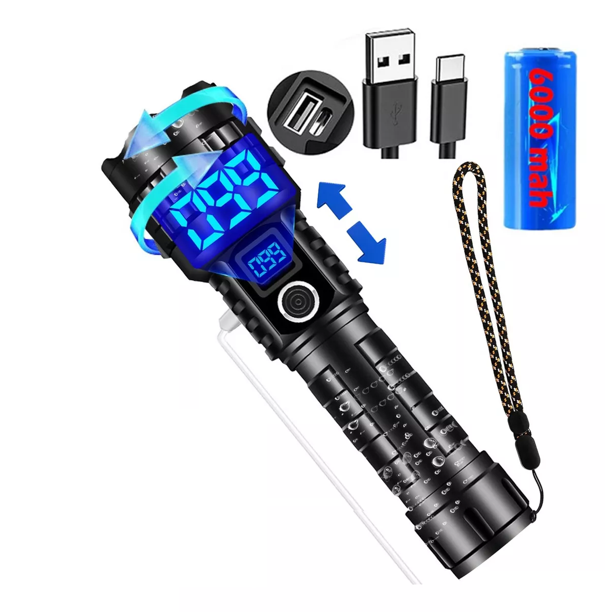 Lámpara Táctica Led Linterna Pantalla Digital 100000 Lúmenes