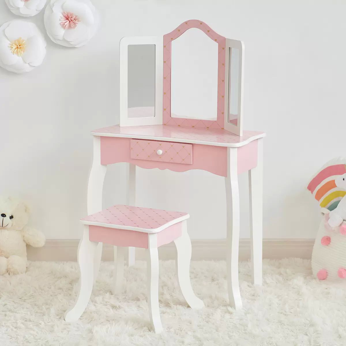 Taburete De escritorio con espejo, mueble De tocador rosa, consola