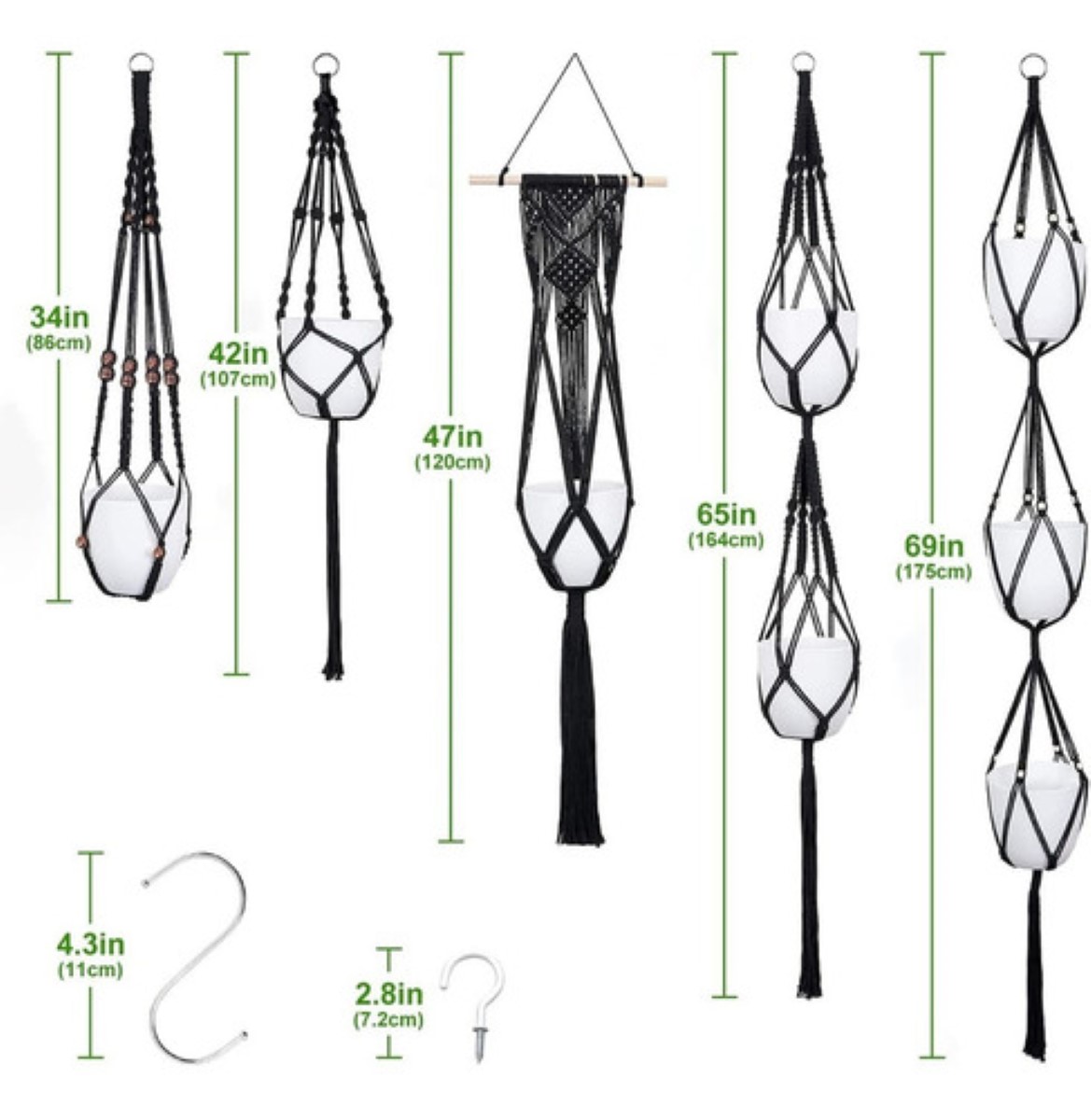5 Pzas Maceteros Colgantes De Macramé C/ganchos Para Planta Negro