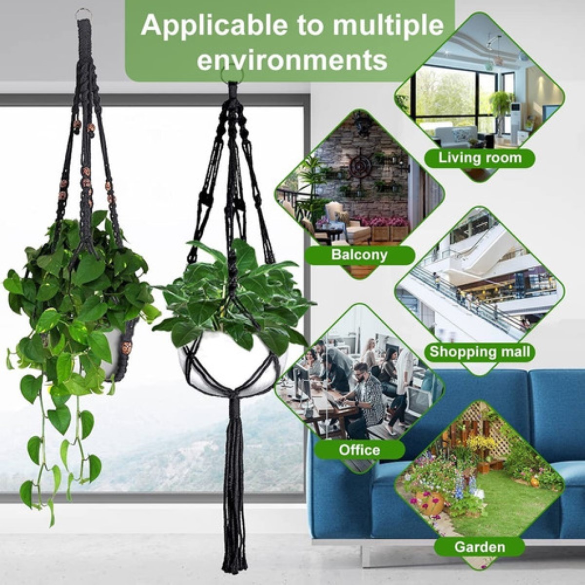 5 Pzas Maceteros Colgantes De Macramé C/ganchos Para Planta Negro