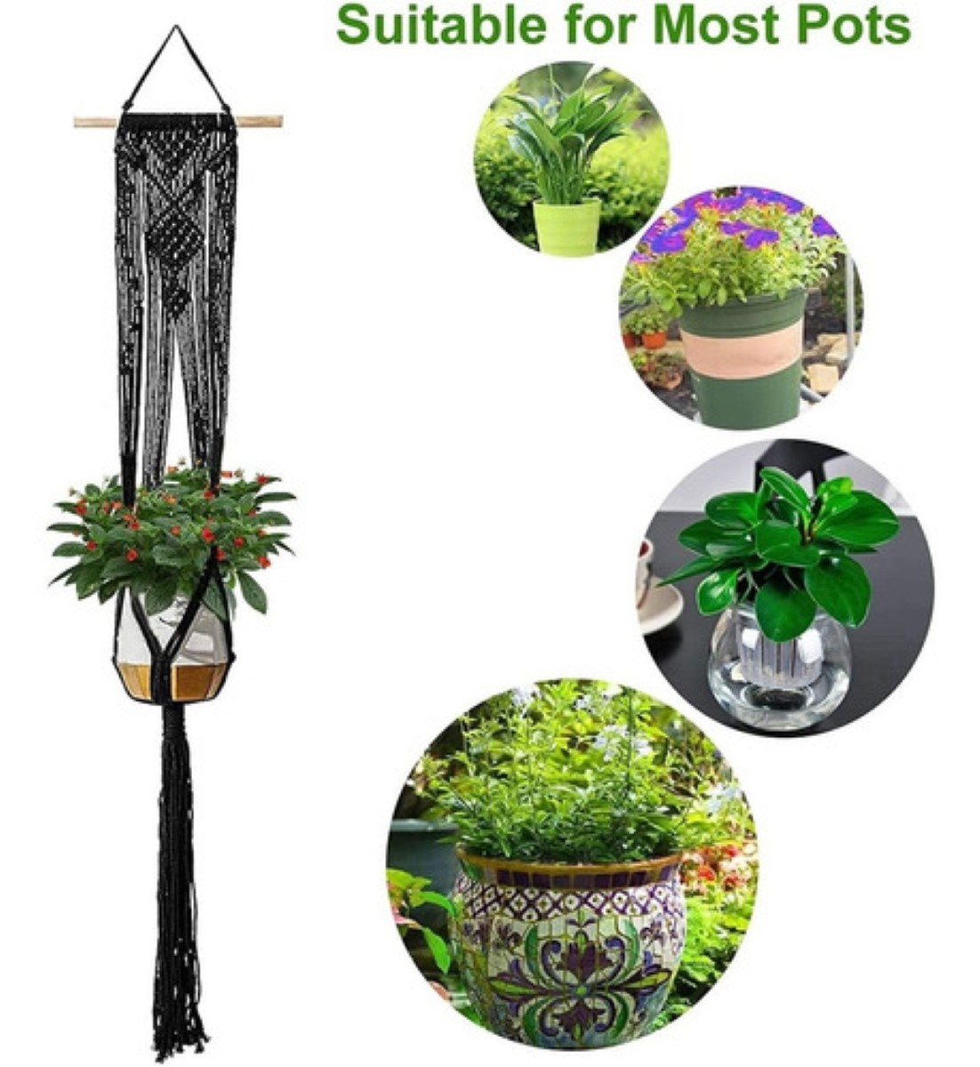 5 Pzas Maceteros Colgantes De Macramé C/ganchos Para Planta Negro