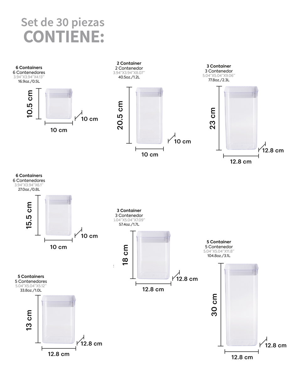 AGBOX Set De 30 Contenedores Para Cocina Con Tapa Hermética Blanca AG-BOT30B.