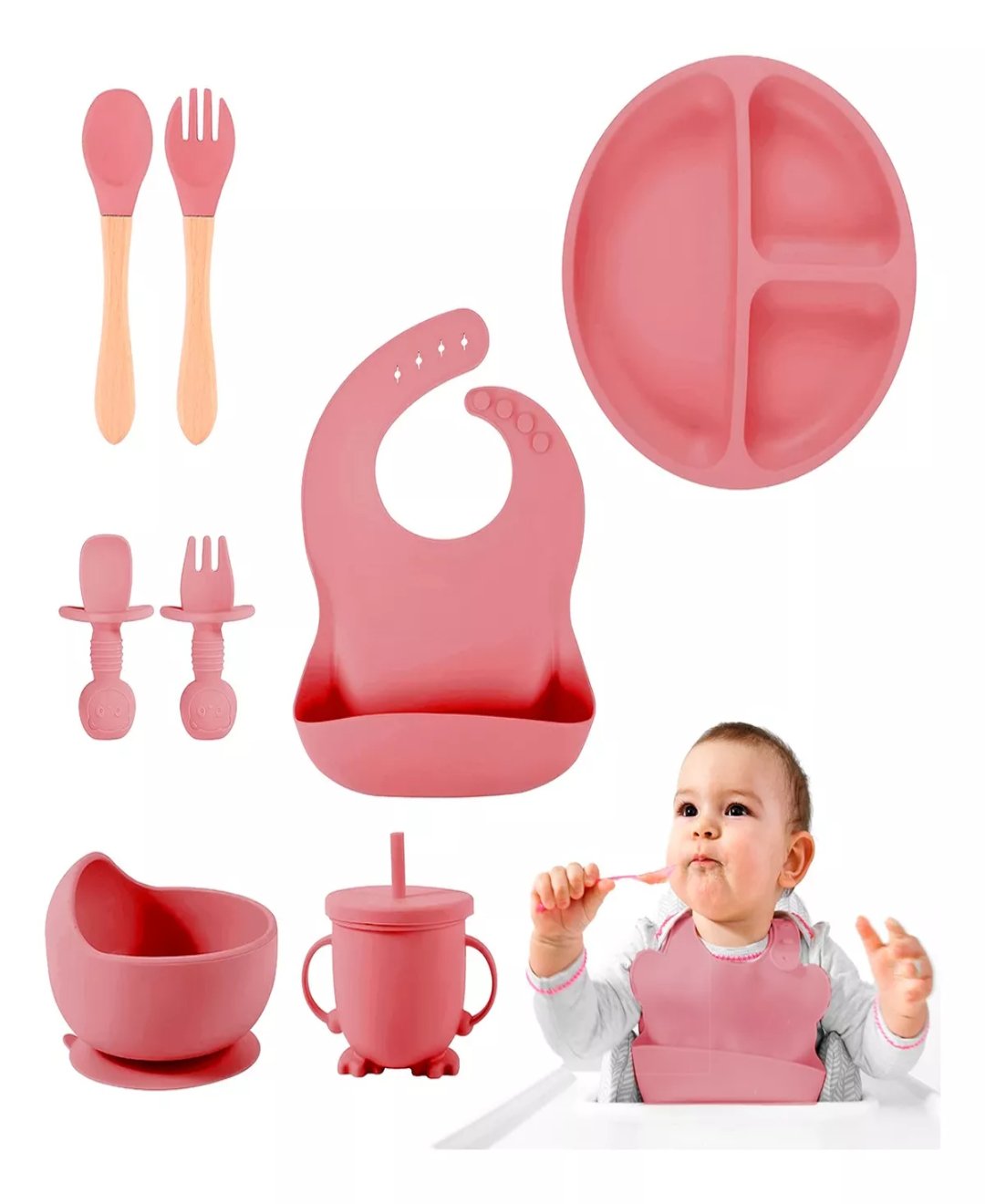 GENERICO Set de cubiertos de silicona cuchara tenedor rosa bebé niño