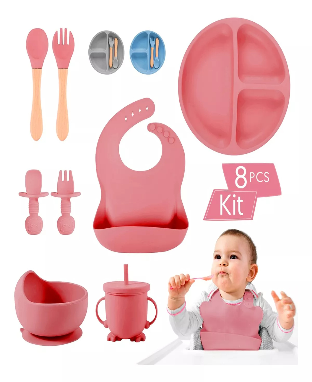 Set De Cubiertos Para Bebés Silicona Plato Antideslizante