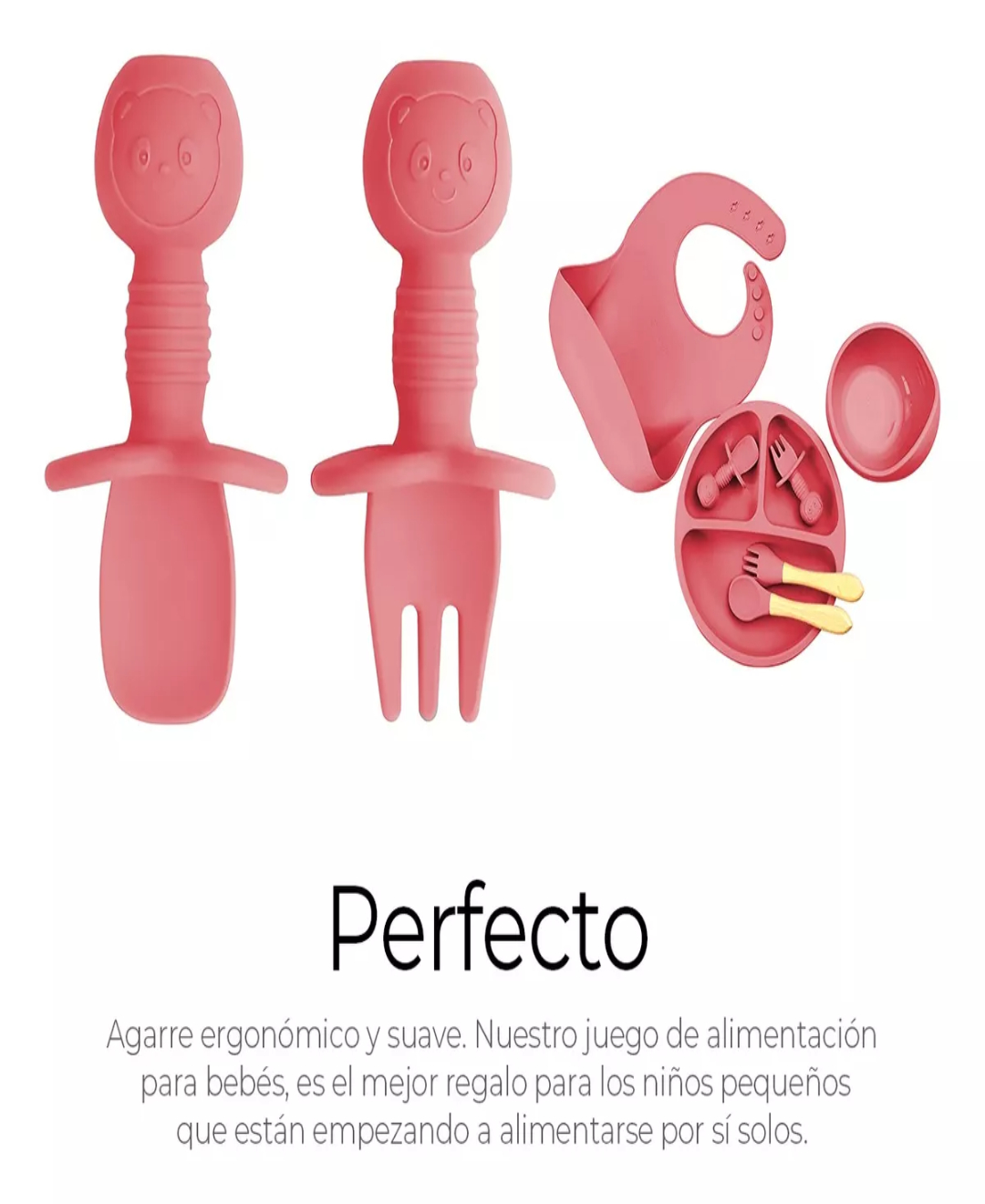 Set De Cubiertos Para Bebés Silicona Plato Antideslizante