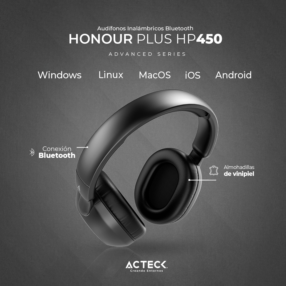 Audifonos Honour Plus Hp450 Over Ear Inalambricos Bluetooth Acteck Negro