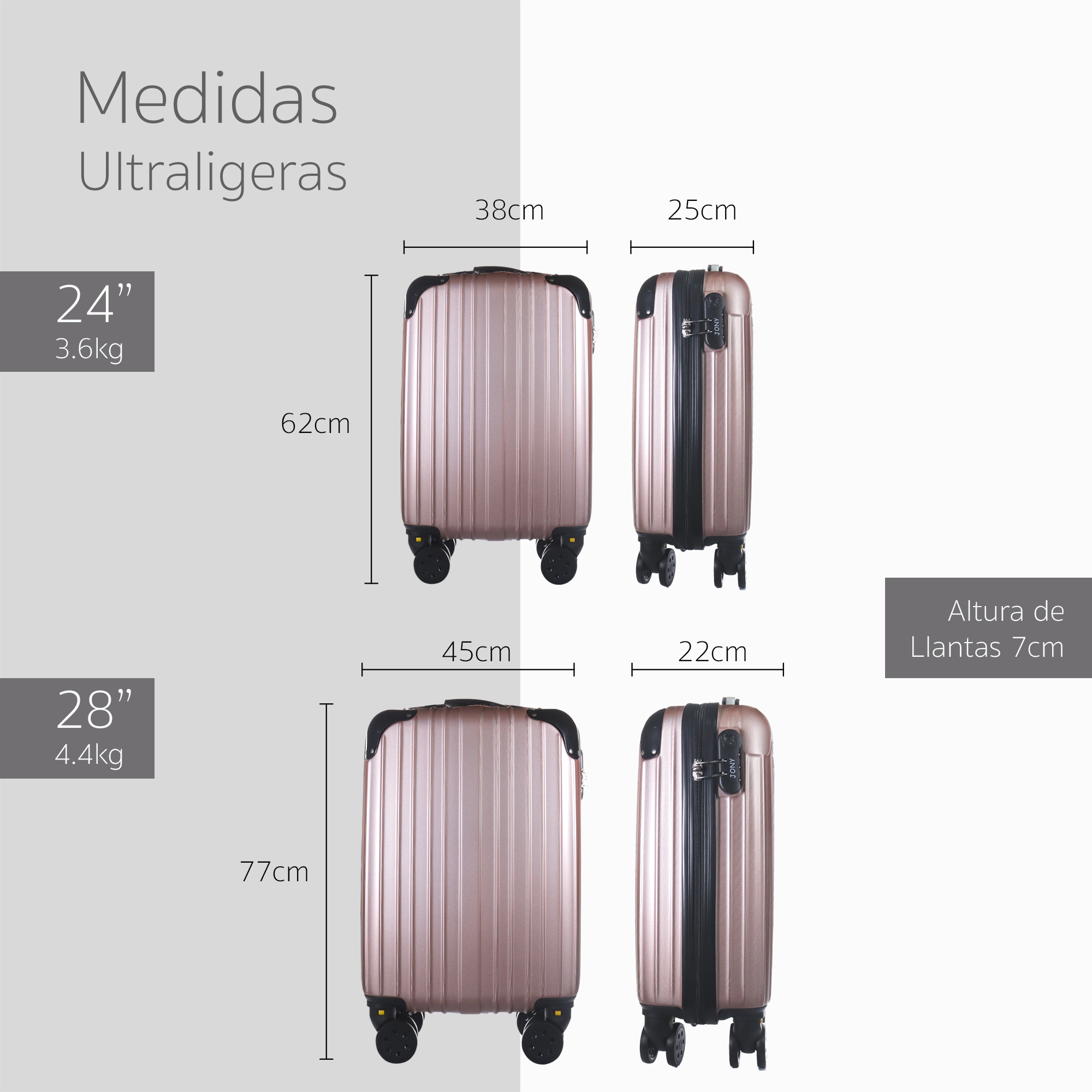 Set De Maletas Para Viaje Con Ruedas Color Oro Rosado.