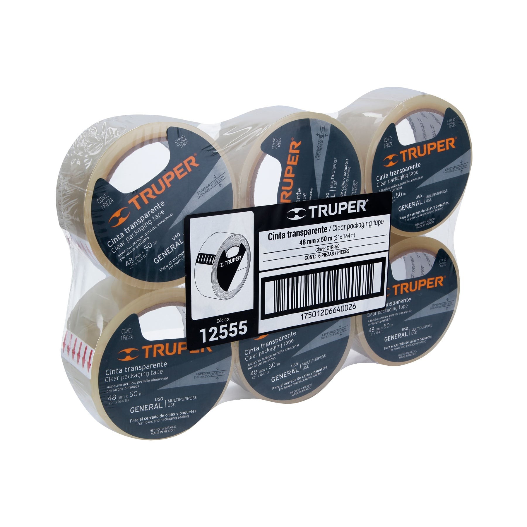 CINTA DE EMPAQUE 48 MM X 50 M TRANSPARENTE, TRUPER 12555