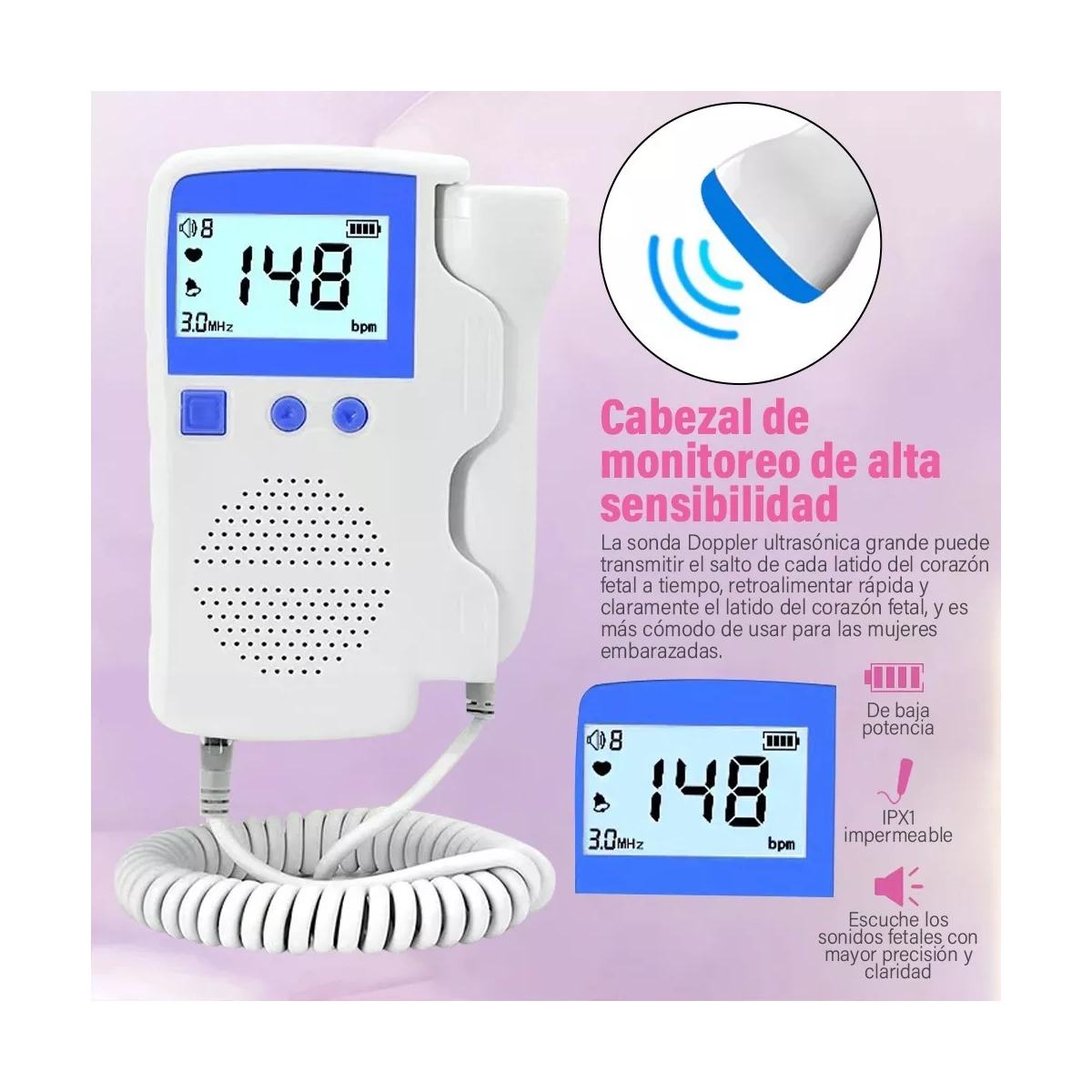 Baby Detector De Frecuencia Cardíaca Portátil Fetal Doppler Azul