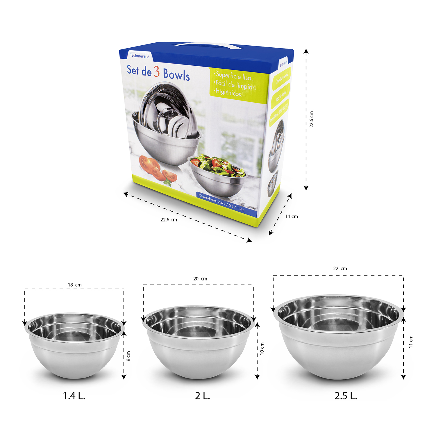 Set de 3 Bowls de Acero inoxidable para cocinar