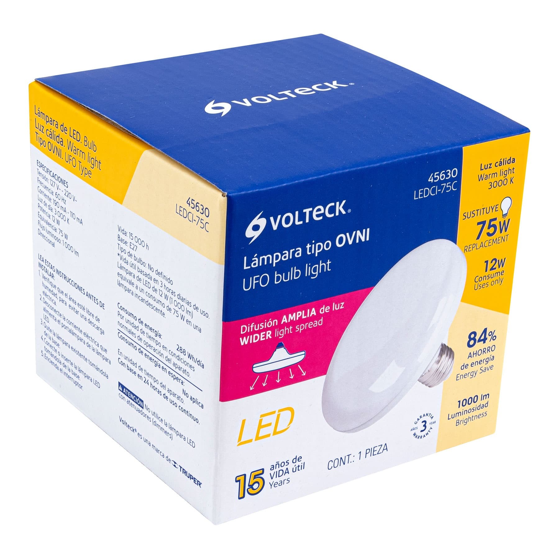 LÁMPARA DE LED TIPO OVNI 12 W LUZ CÁLIDA, EN CAJA, VOLTECK 45630