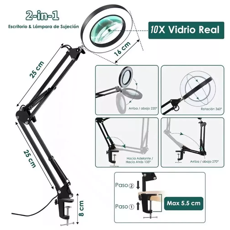 Lámpara 8x Lupa Articulada Led Escritorio Usb Luz Cálida
