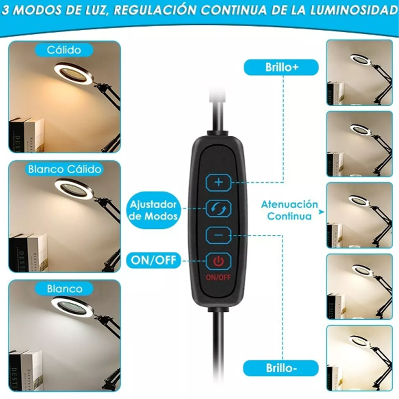 Lámpara 8x Lupa Articulada Led Escritorio Usb Luz Cálida