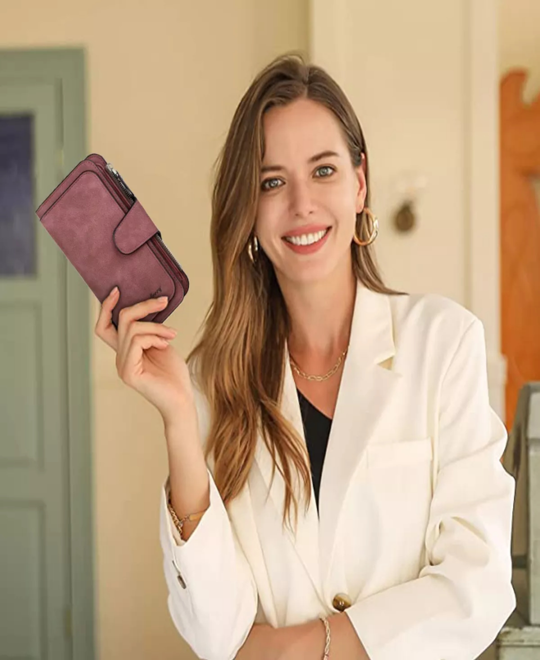 Cuero Carteras Para Mujer Monedero Largo Tarjetas Bolsillo