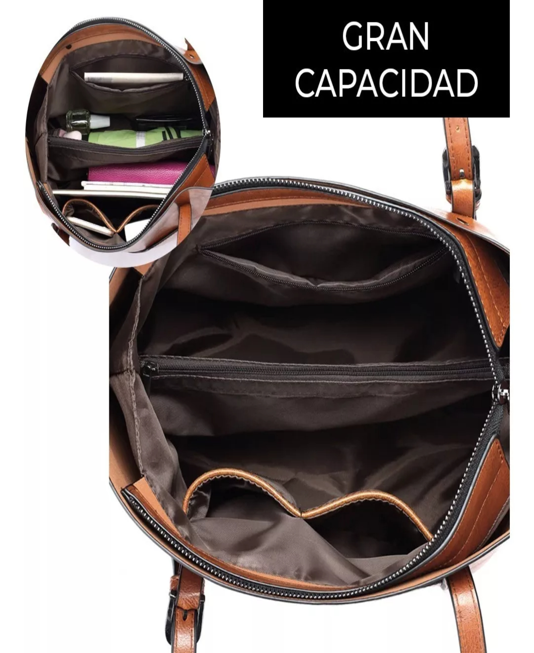 Bolsa De Mano Hombro Mujer Piel Bolso Interior Resistente Color Café