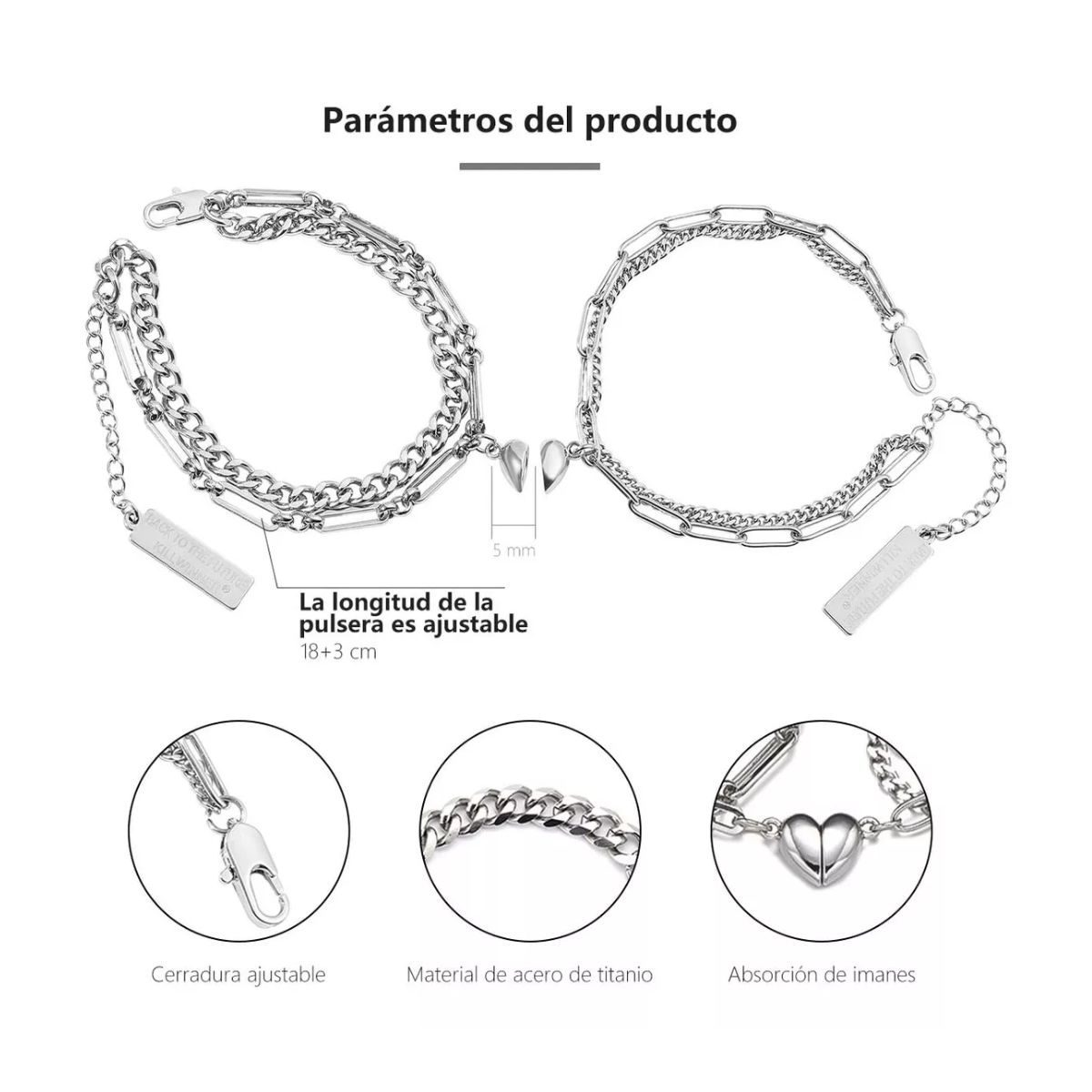 Pulseras Pareja Acero De Titanio Imanes Plata 