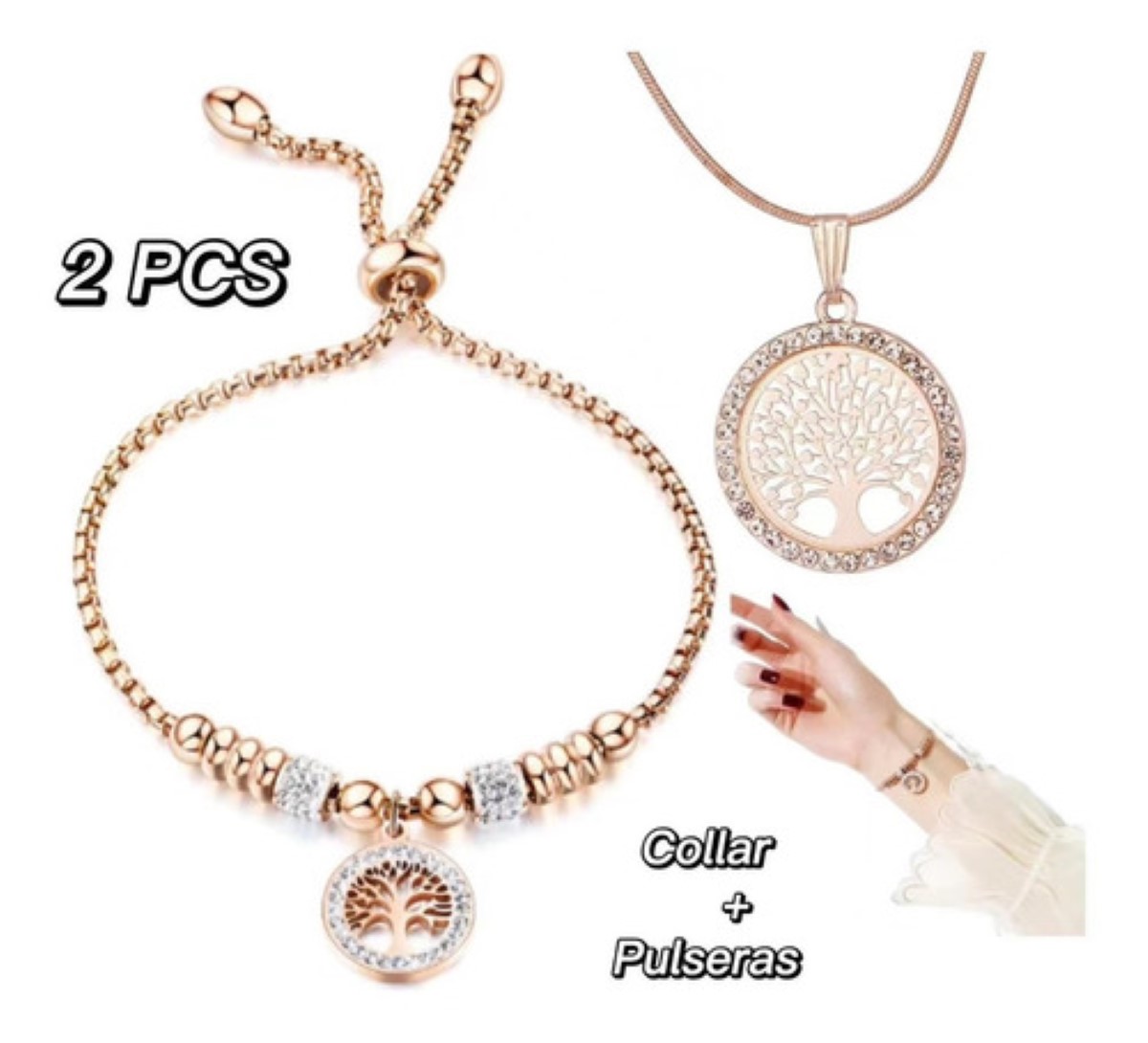 Árbol De La Vida Hollow Lady Colgante Ajustable Pulsera Set  Oro Rosa