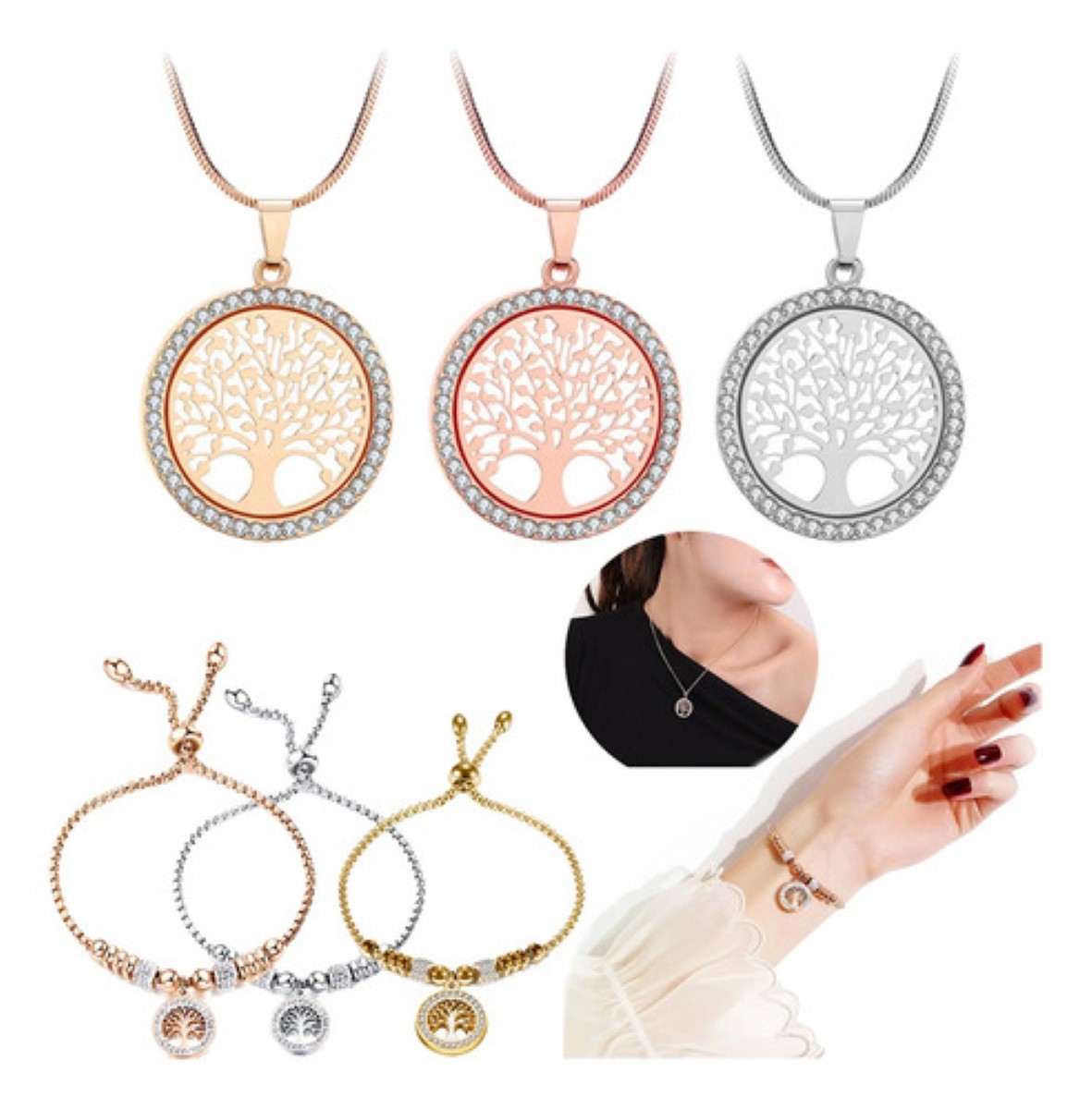 Árbol De La Vida Hollow Lady Colgante Ajustable Pulsera Set  Oro Rosa