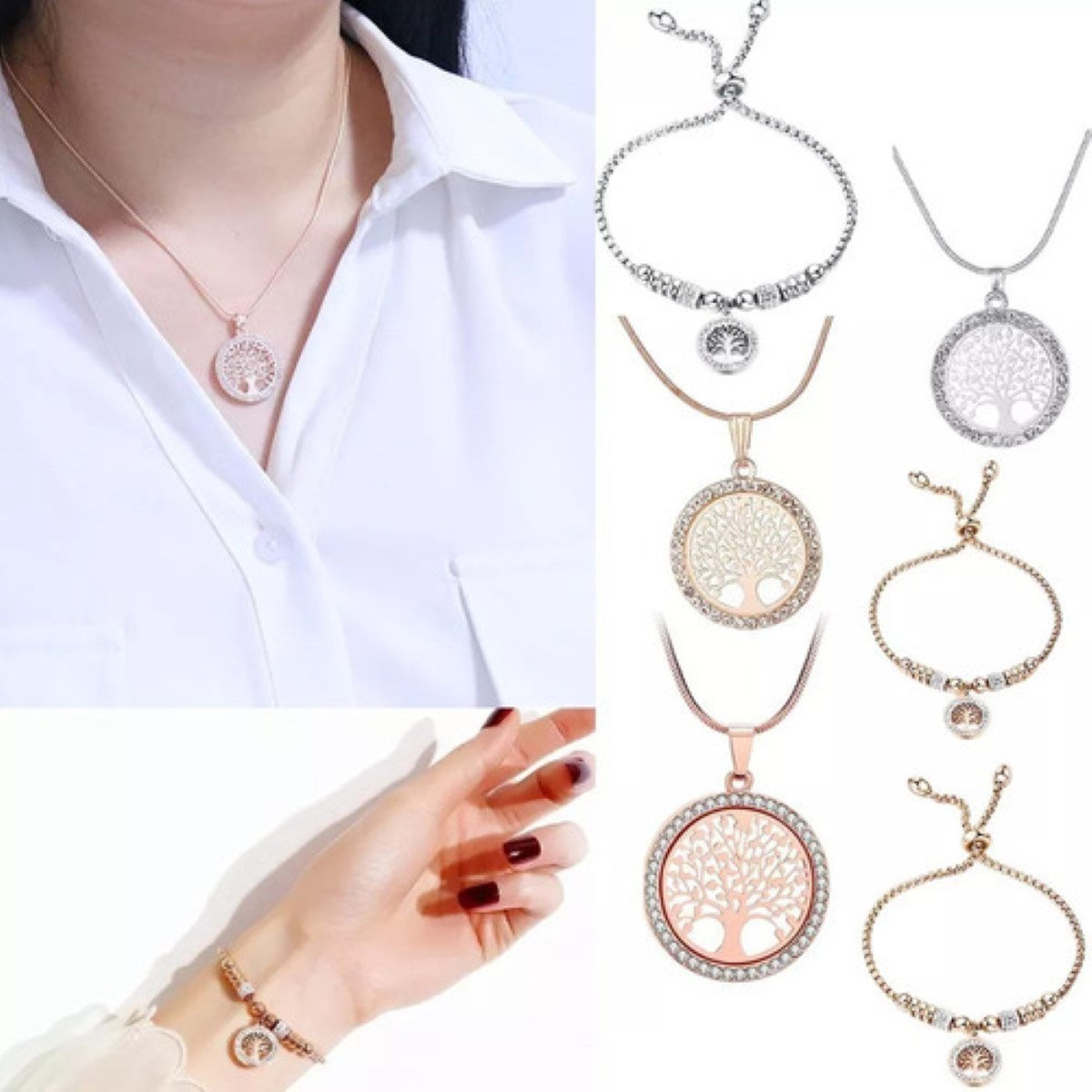 Árbol De La Vida Hollow Lady Colgante Ajustable Pulsera Set  Oro Rosa