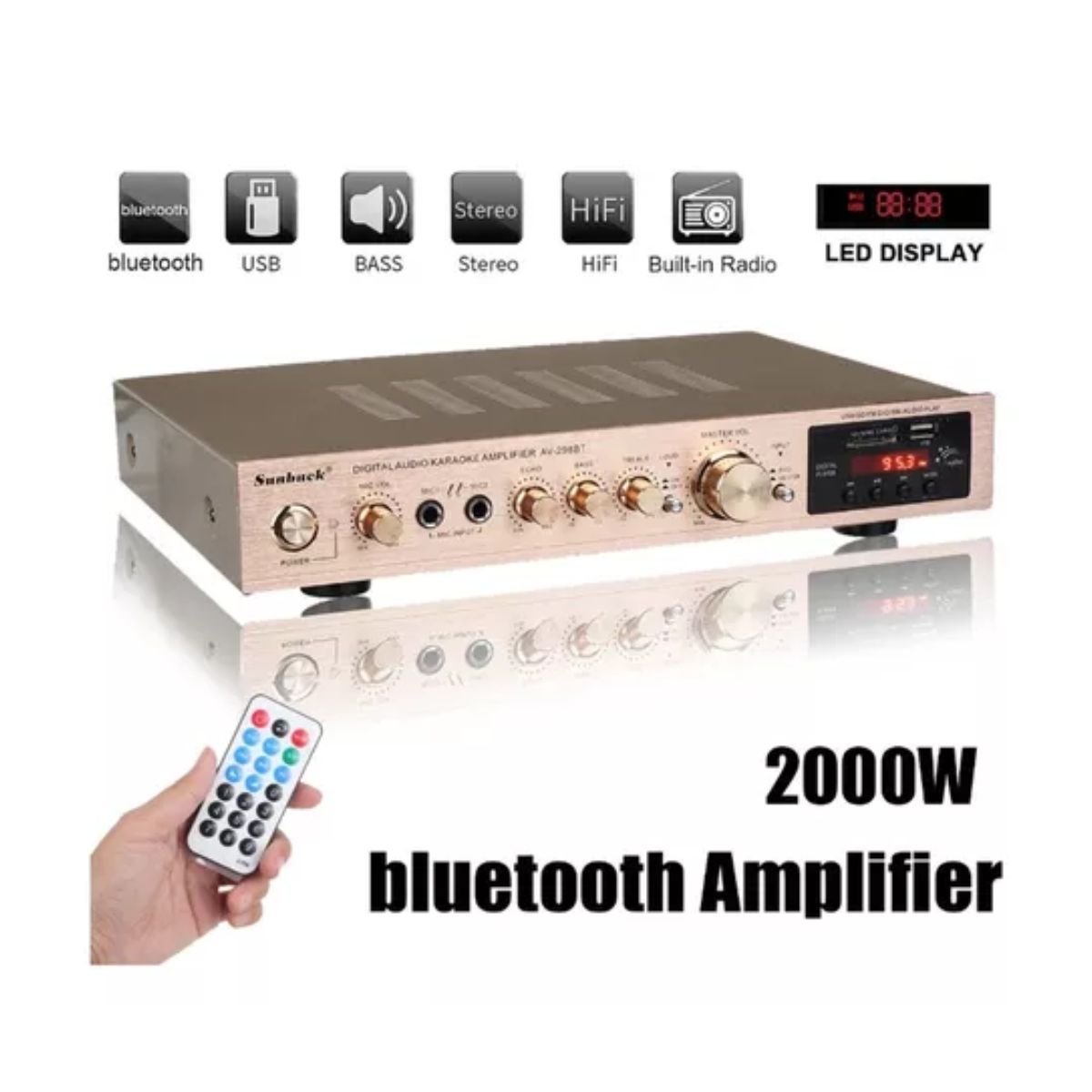 Amplificador Audio Bluetooth 5 Canales 2000w Para Uso Domésto Dorado