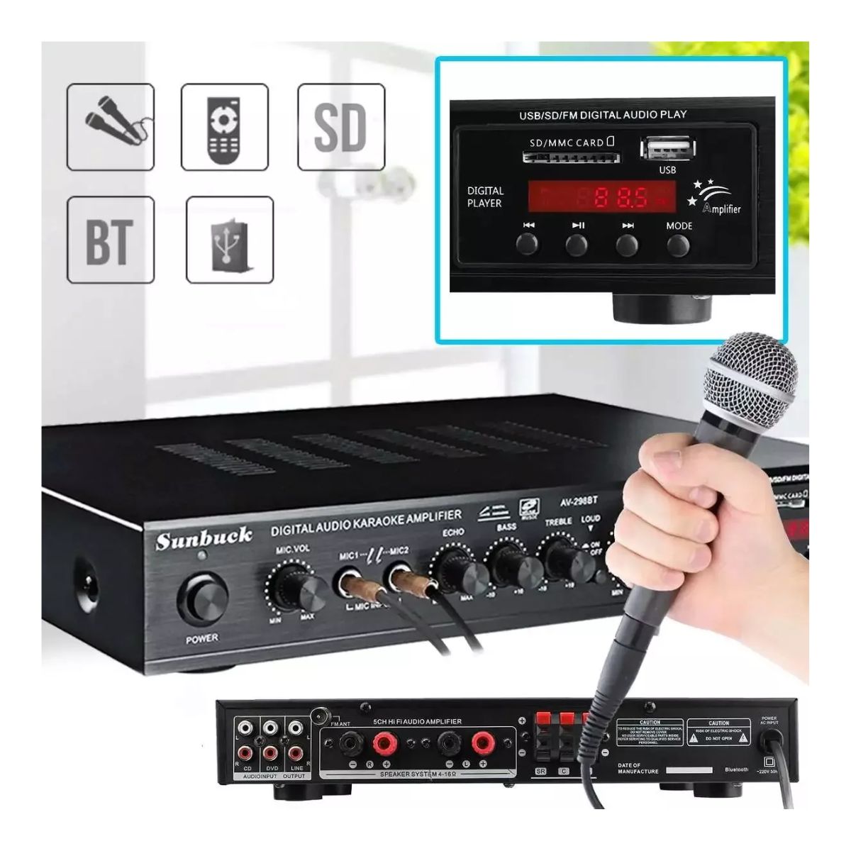 Amplificador Audio Bluetooth 5 Canales 2000w Para Uso Domésto Negro