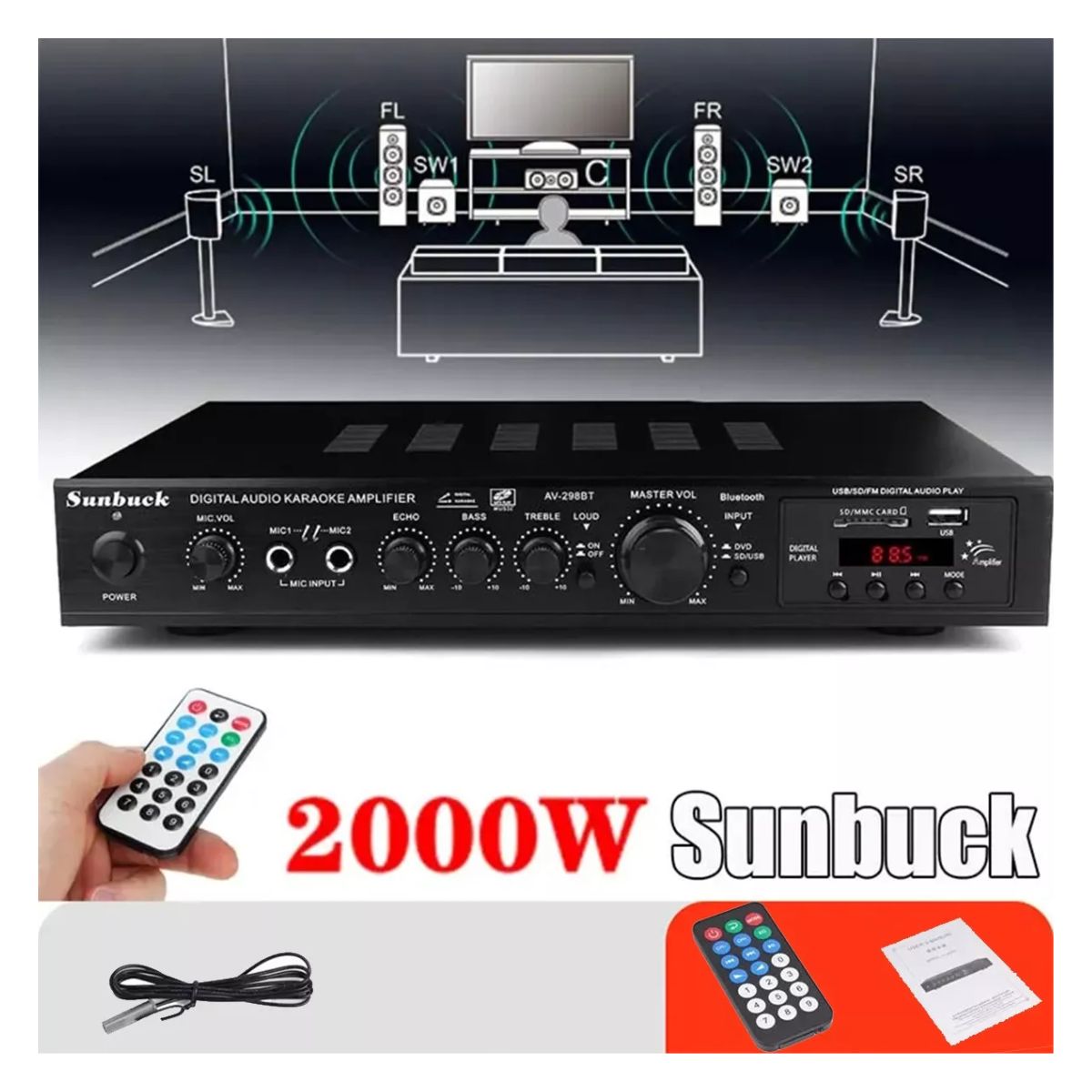 Amplificador Audio Bluetooth 5 Canales 2000w Para Uso Domésto Negro