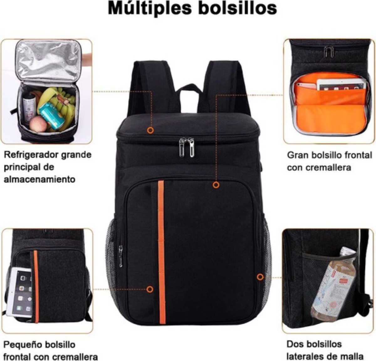 Mochila Hieleras Enfriador Bolsa Impermeable Portátil 20 L Color Negro con Raya Naranja