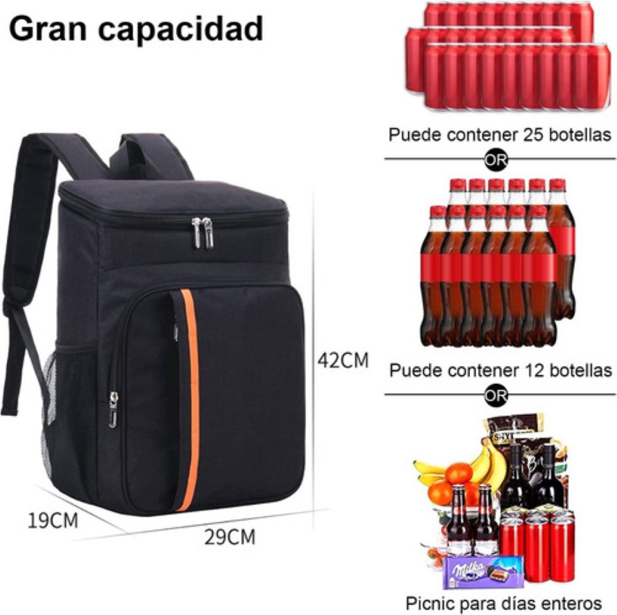 Mochila Hieleras Enfriador Bolsa Impermeable Portátil 20 L Color Negro con Raya Naranja