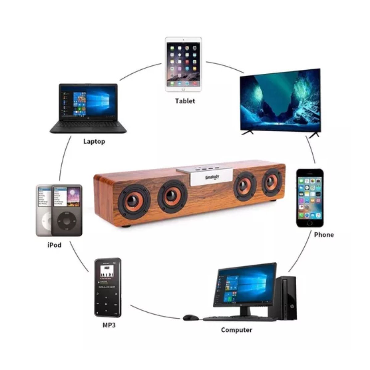 Barra De Sonido Bocina Bluetooth Recargable Madera 20w Marron