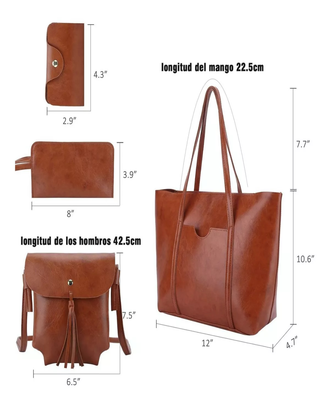 Set 4 Bolsas Mujer Moda Cartera Crossbody Tote Borla Logo